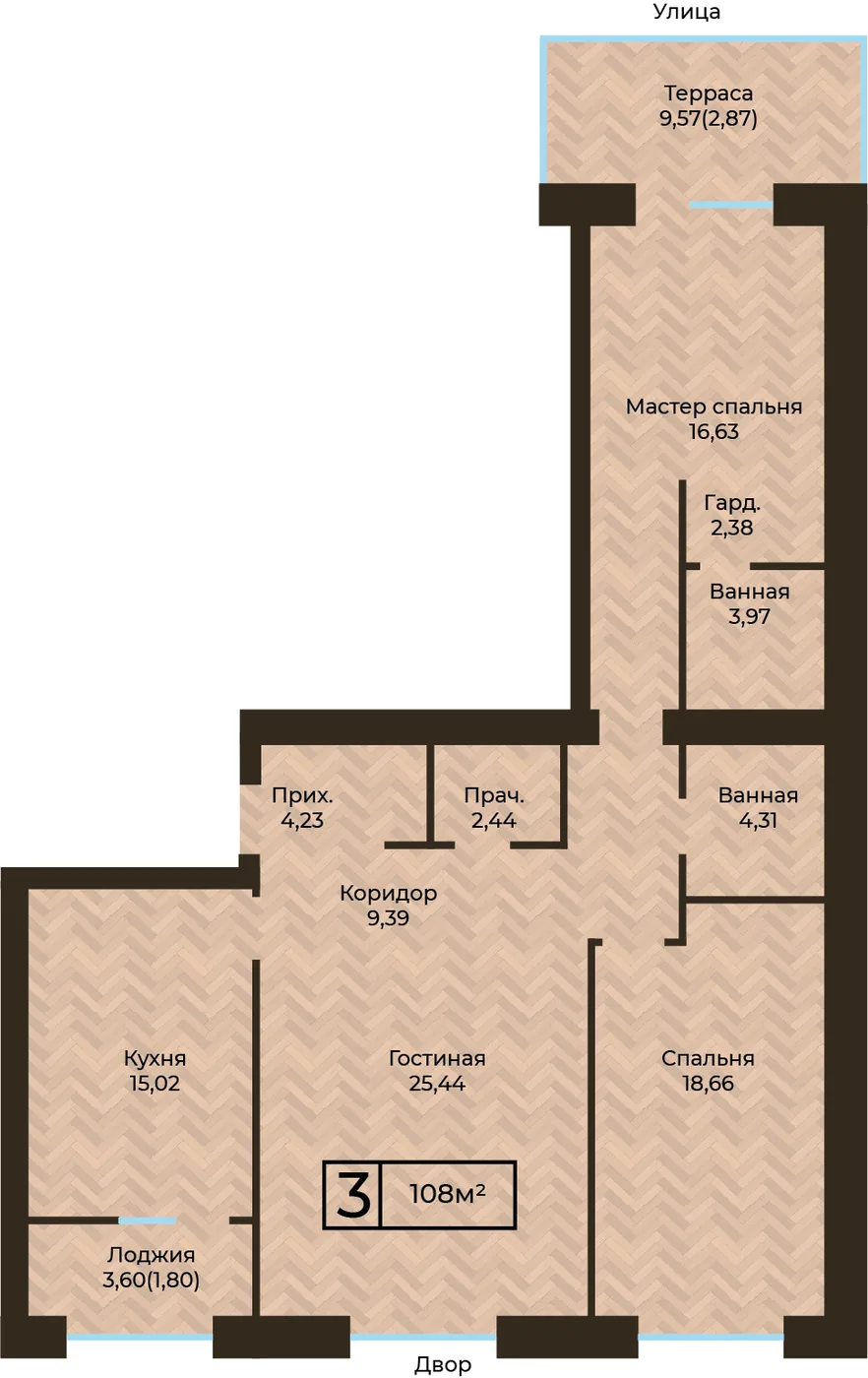 Планировка ЖК MEDINA, 3-комнатная, 108 м²
