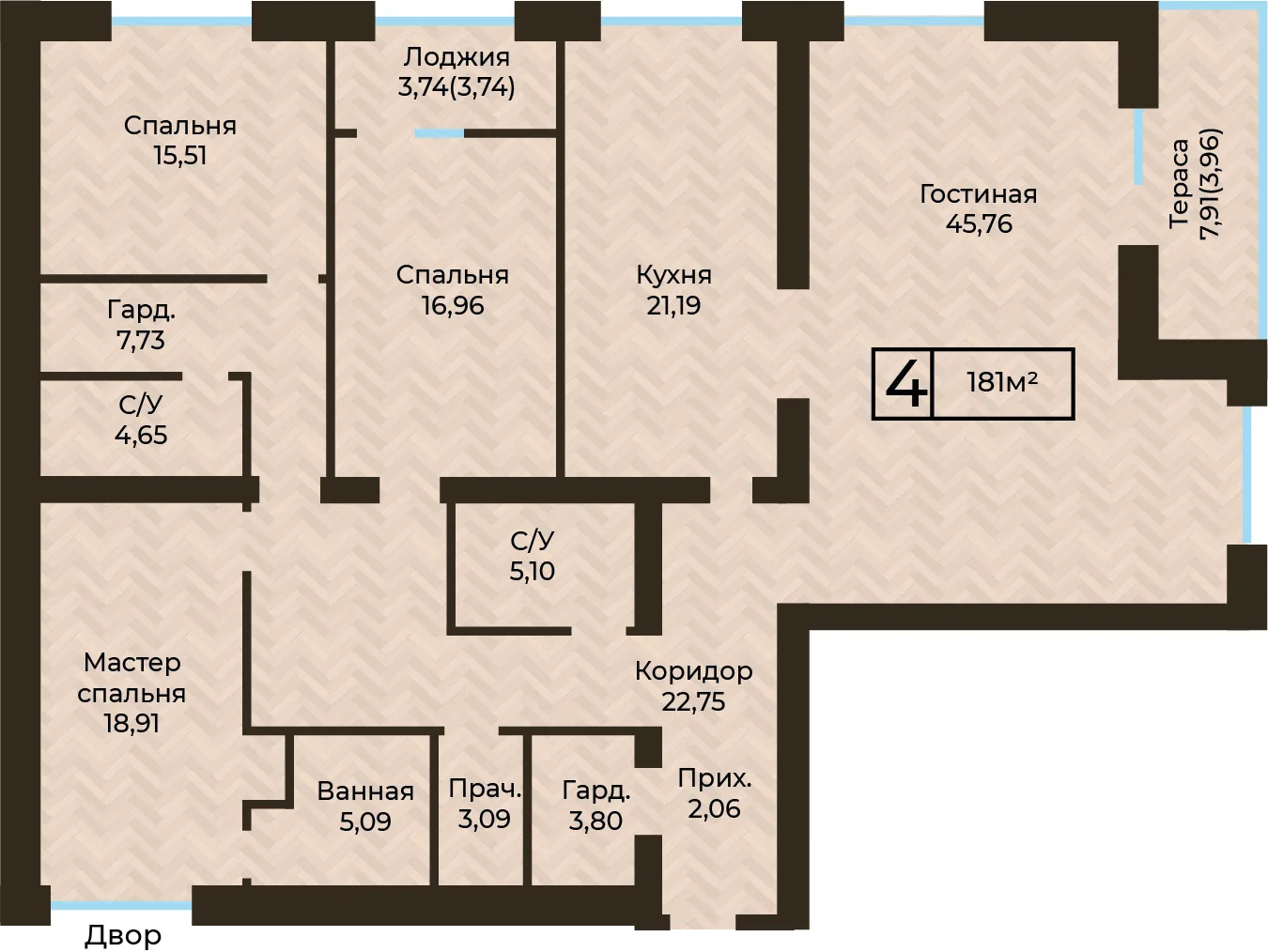 Планировка ЖК MEDINA, 4-комнатная, 181 м²