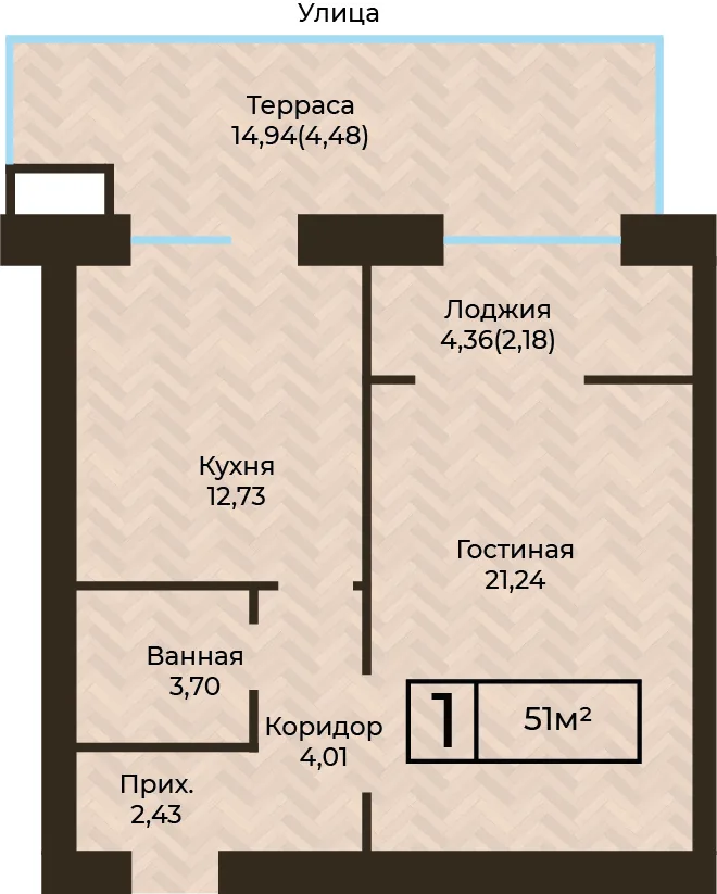 Планировка ЖК MEDINA, 1-комнатная, 51 м²