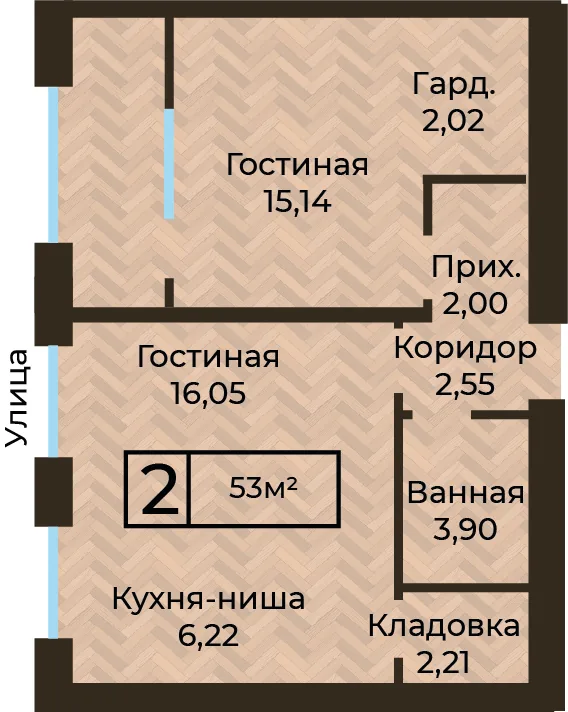 Планировка ЖК MEDINA, 2-комнатная, 53 м²