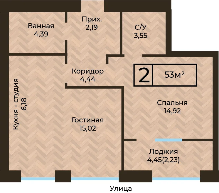 Планировка ЖК MEDINA, 2-комнатная, 53 м²