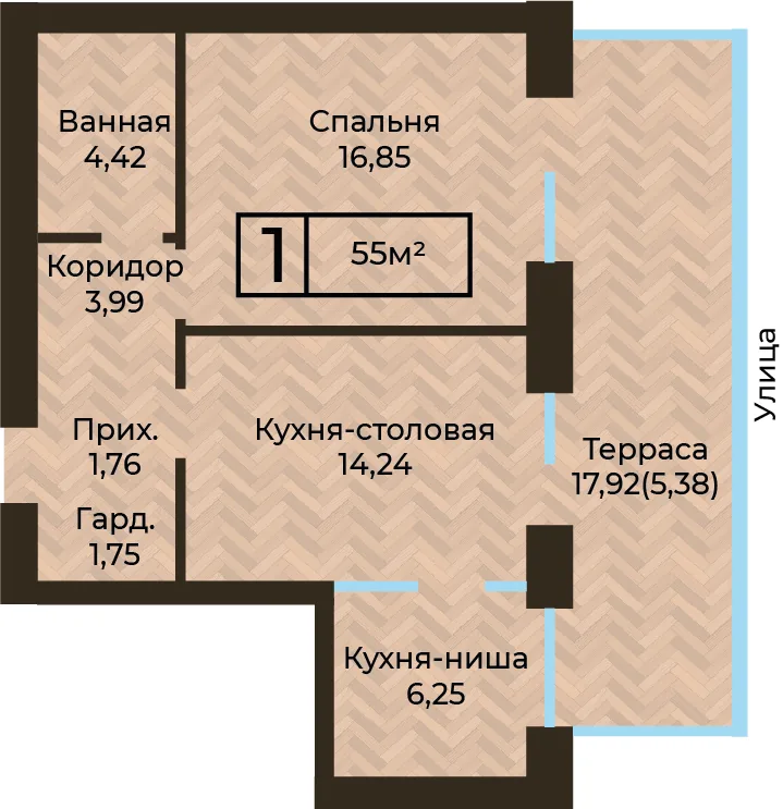 Планировка ЖК MEDINA, 1-комнатная, 55 м²