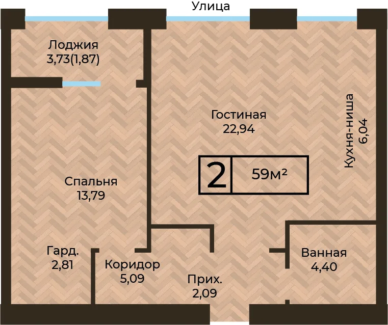 Планировка ЖК MEDINA, 2-комнатная, 59 м²