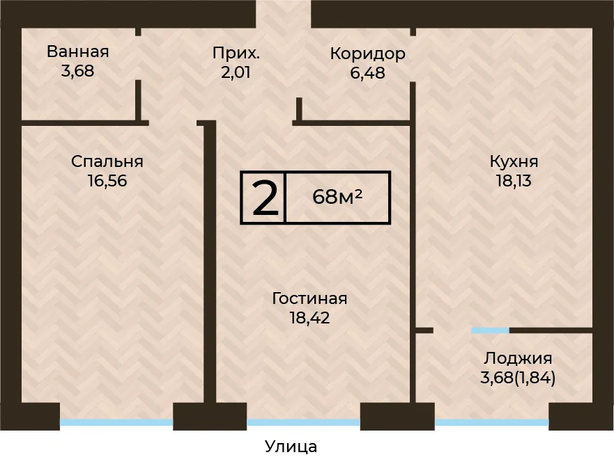Планировка ЖК MEDINA, 2-комнатная, 68 м²