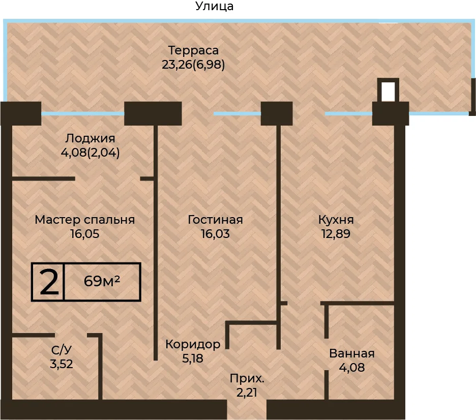 Планировка ЖК MEDINA, 2-комнатная, 69 м²